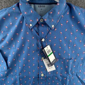 NWT IZOD LT Large Flamingo Print Tall Blue Performance Button Up Beach $65 Men